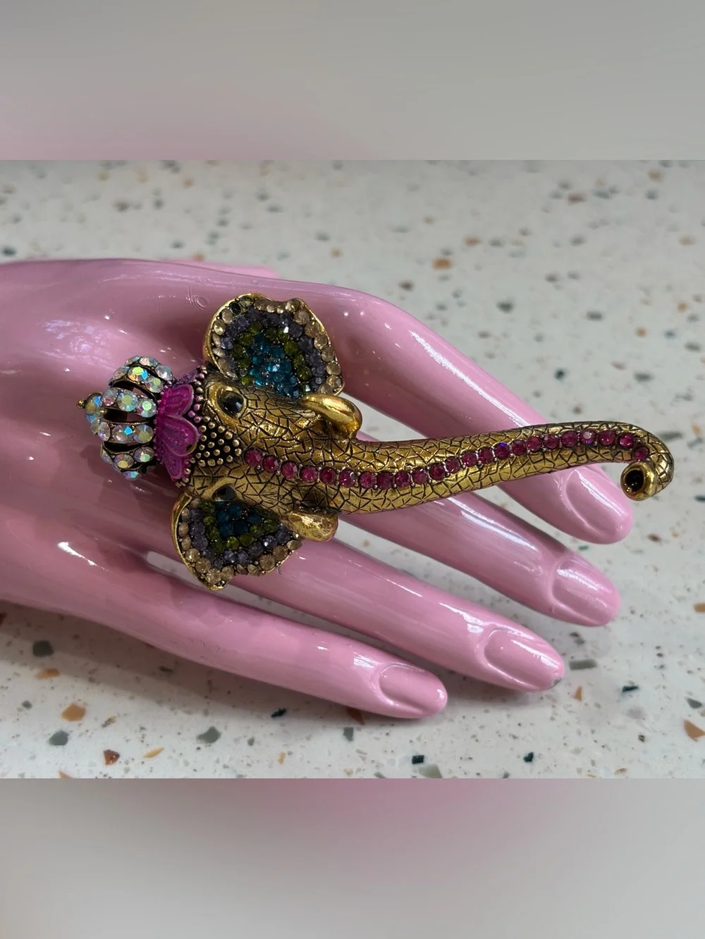 Chunky Large Jeweled Elephant Trunk Ring - Gold with Crystals Costume Jewelry
